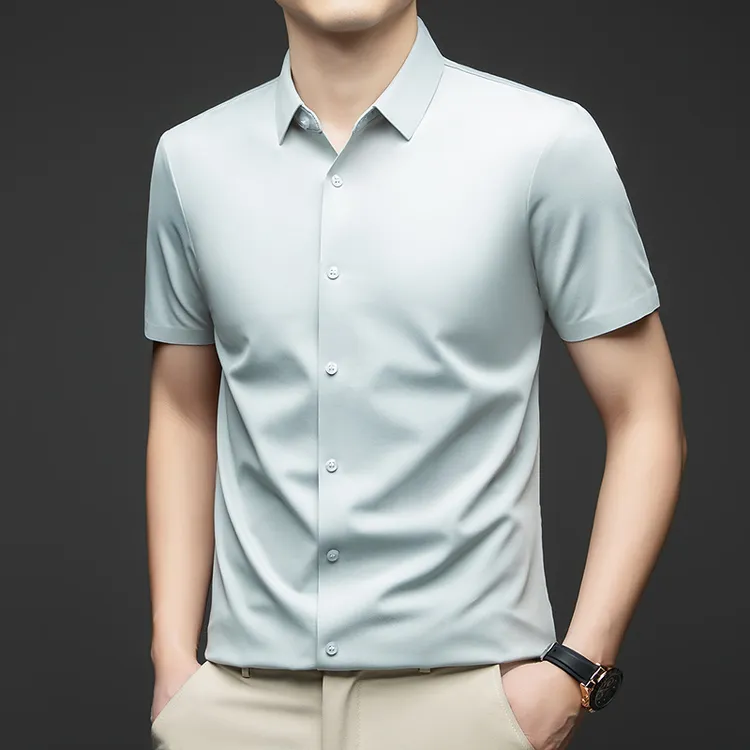 蒂斯派尔-新款夏季男无痕短袖衬衫中纯色百搭桑蚕丝休闲舒适衬衣