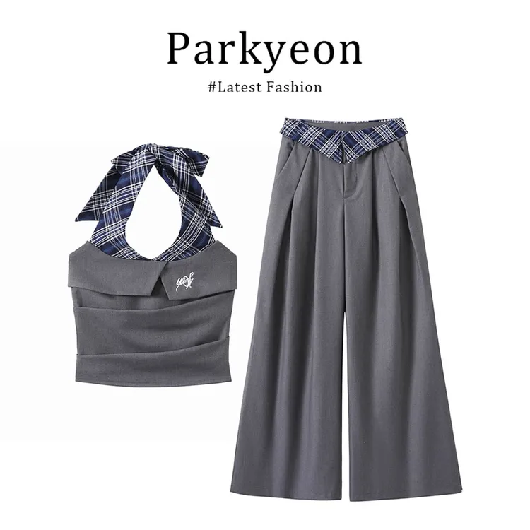 parkyeon韩系格纹吊带套装女夏季穿搭拼接挂脖吊带背心通勤阔腿裤