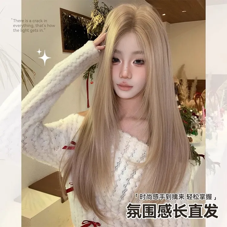 假发女韩系修脸气质中分前额蕾丝奶茶白金层色次长直发整顶全头套