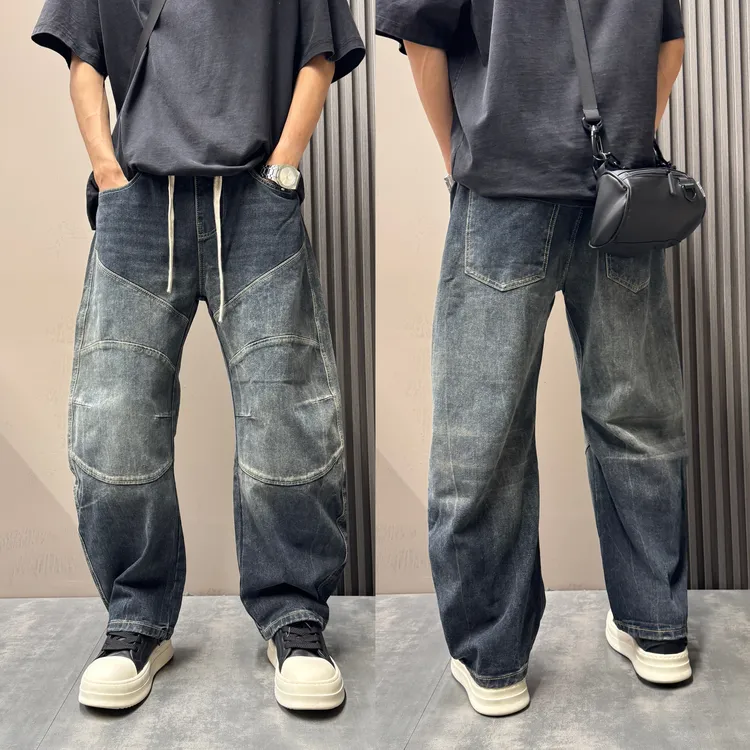 秋冬宽松美式复古潮流直筒弯刀牛仔裤男阔腿裤痞帅拼接设计感长裤