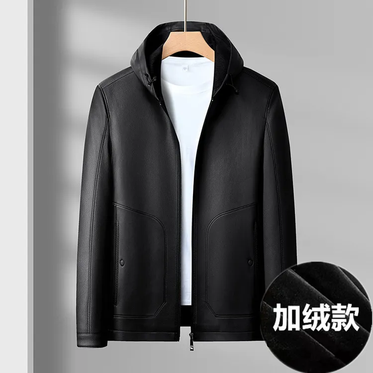 2025新款时尚连帽休闲皮夹克外套男士高档秋冬绵羊皮真皮皮衣百搭