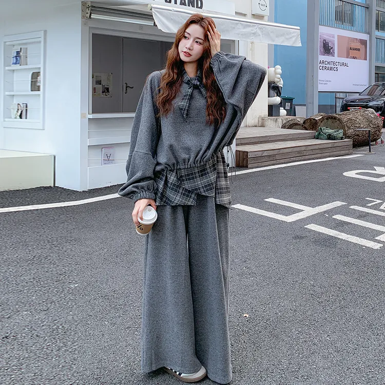 灰色独特超好看休闲卫衣套装女秋季2025新款格子拼接阔腿裤两件套