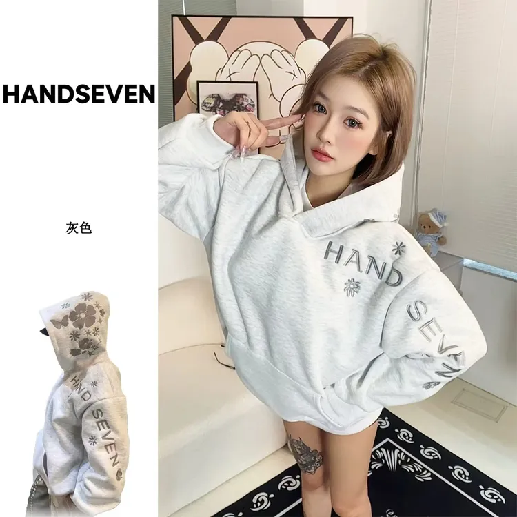 HandSeven美式秋冬帽子花卉刺绣连帽卫衣宽松潮流百搭休闲帽衫