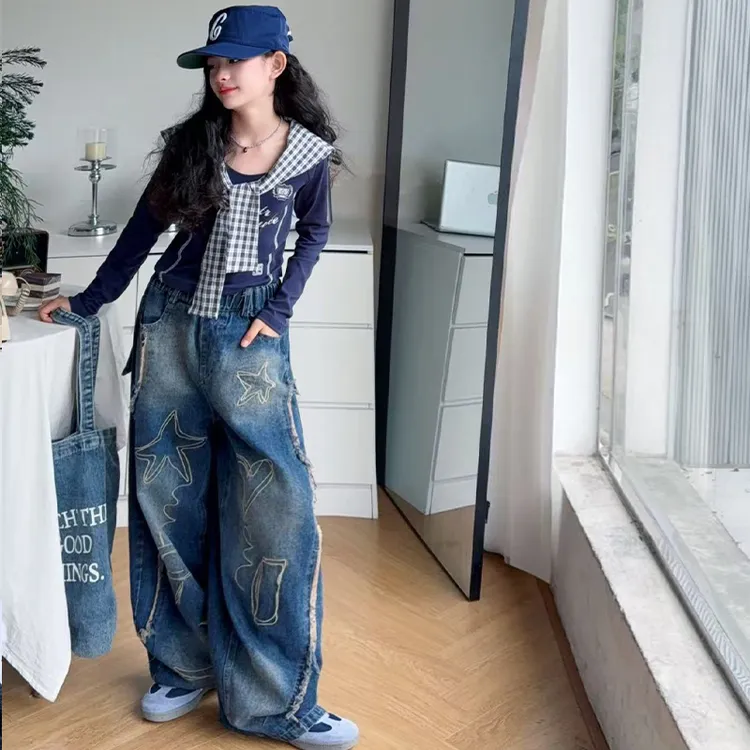 女童披肩打底衫牛仔裤两件套2025秋季中大儿童酷飒设计感学生套装