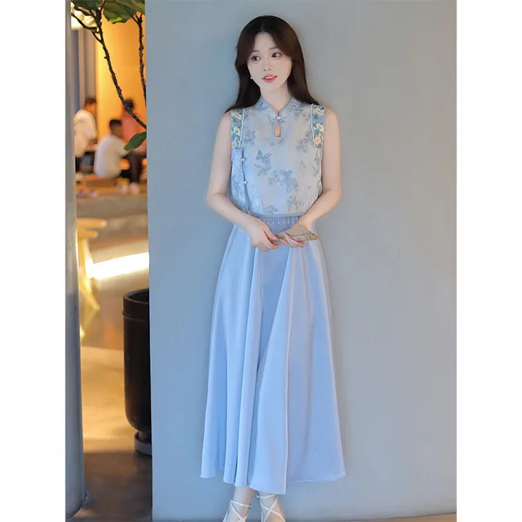 瑶西【华影】汉服蓝色旗袍绣花提花精致气质超仙新中式连衣裙两件套