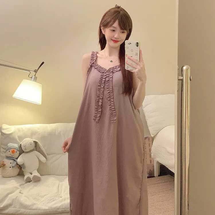 带胸垫睡裙女夏季2025新款烟灰紫吊带甜美可外穿家居服长裙