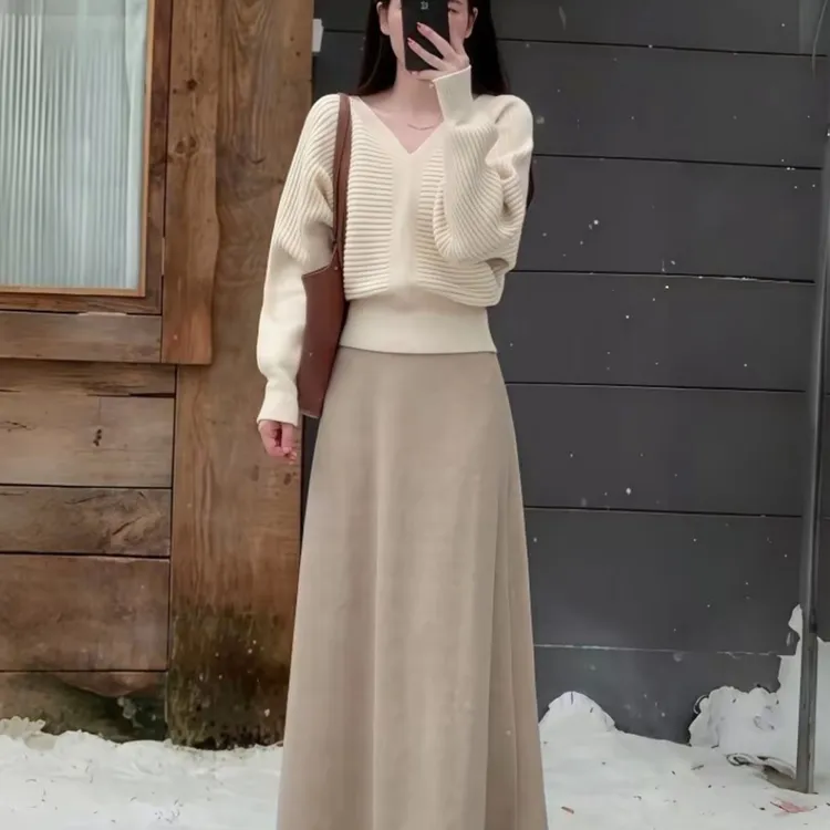 秋季V领高腰软糯针织衫慵懒风时尚百搭宽松长袖百搭女显瘦上衣