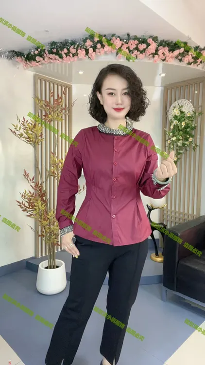 时尚百搭修身显瘦设计感掐褶收腰气质感缝珠纯色长袖衬衫X6053