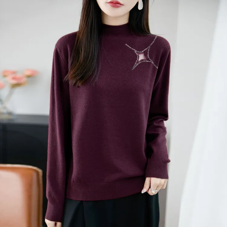 正品撤柜剪标羊毛衫镂空破铜网纱烫钻针织衫新款显瘦打底衫上衣