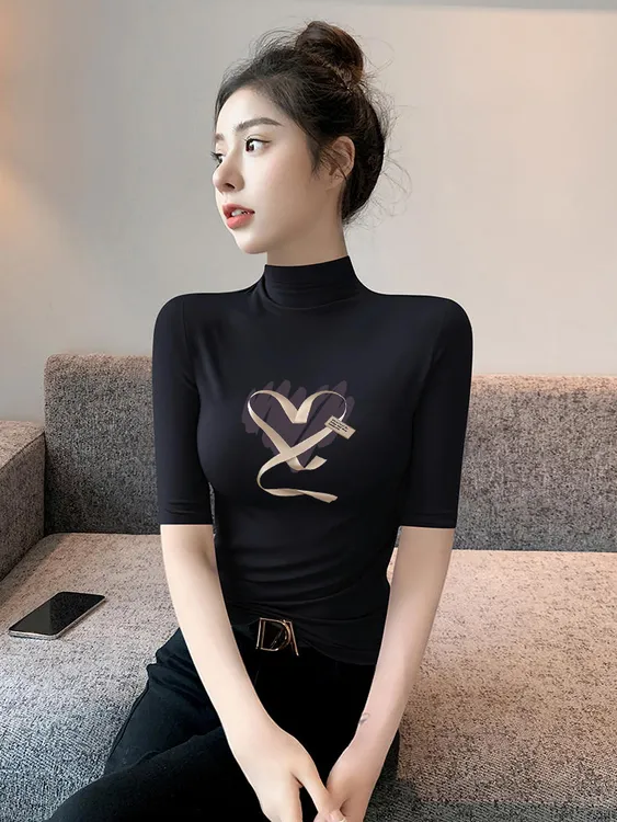 显瘦紧身百搭春秋小众洋气T恤女欧货正肩中袖印花半高领上衣打底