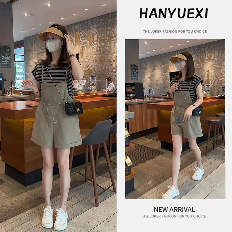 夏季一整套女装2025年新款韩版时尚减龄气质短袖上衣背带裤两件套