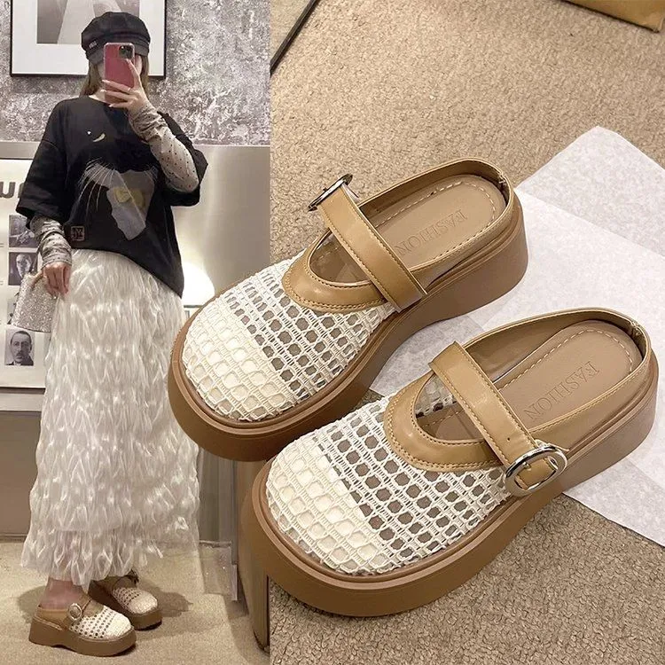 编织款增高松糕底女鞋夏季新款轻便耐磨孕妇凉拖一脚蹬网布鞋