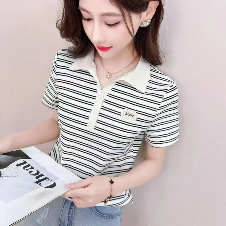 条纹撞色时尚减龄Polo领短袖T恤女夏季设计感修身显瘦休闲上衣