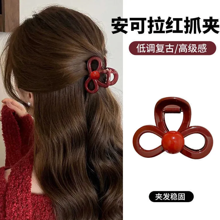 安可拉红蝴蝶结抓夹女高级感2025新款后脑勺发夹半扎发鲨鱼夹头饰