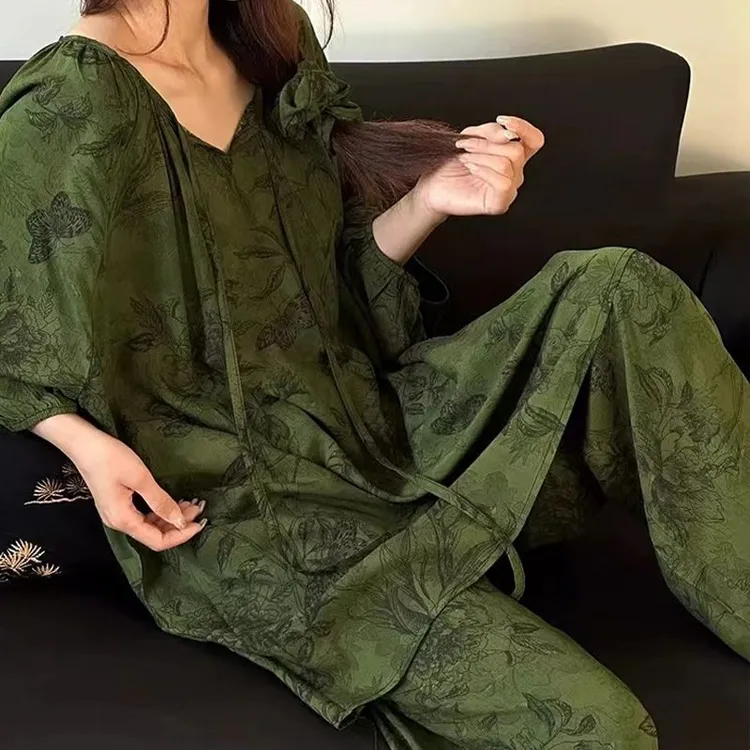 春秋天棉绸睡衣女夏季薄款印花长裤宽松大码胖MM可穿200斤家居服