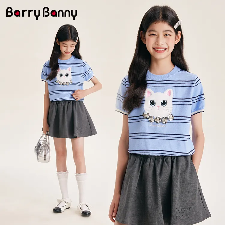 Barry Banny女童卡通针织衫套装打底25秋季新款猫咪刺绣短袖上衣