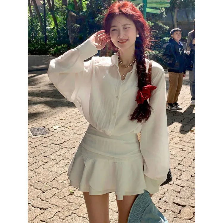 学院风短裙秋冬褶皱假两件修身衬衣长袖衬衫裙连衣裙收腰森系超仙