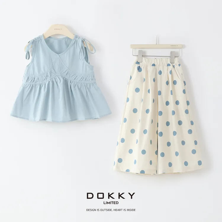Dokky「童装-啵啵小甜心」定纺高支棉.女童.娃娃衫+波点长裤LA0382