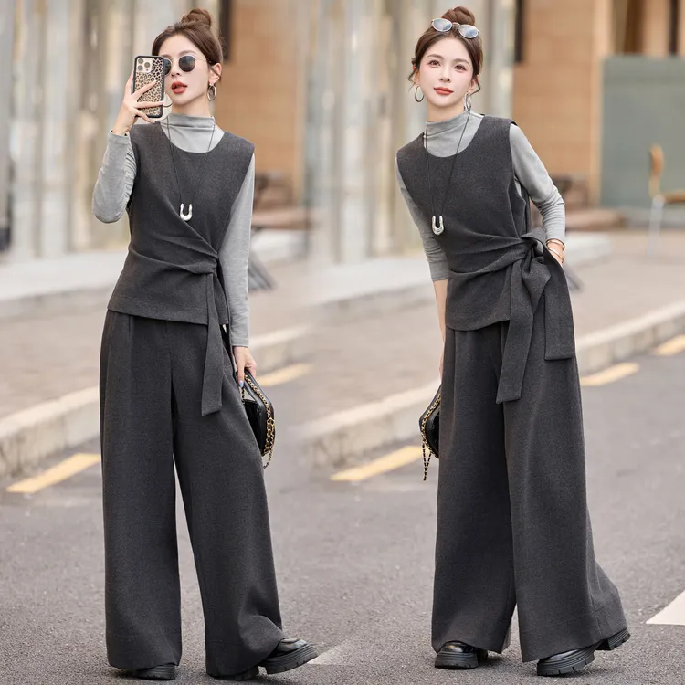 韩系气质系带马甲毛呢套装女2025秋冬新款设计感百搭阔腿裤三件套