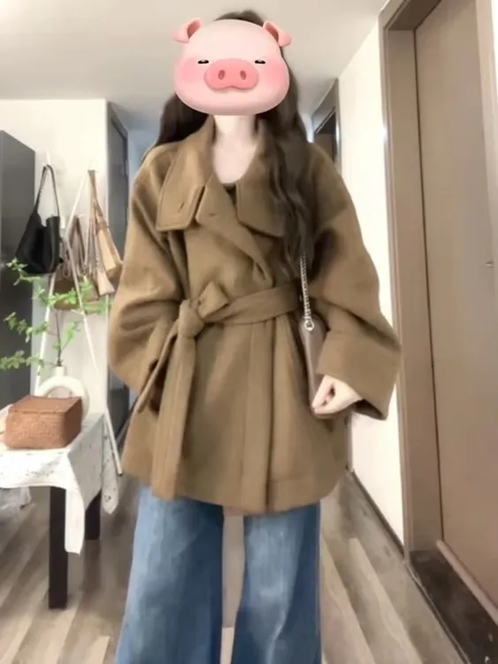 大码女装常规保暖女秋冬韩系立领毛呢外套毛呢冬季女装气质风衣