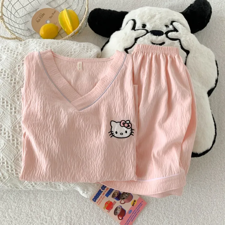 夏季云朵棉新款卡通睡衣女士少女V领夏天套头短袖短裤家居服套装