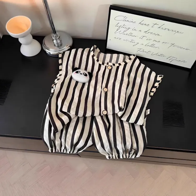 2025夏季新款儿童条纹熊猫背心套装宝宝衣服薄款韩版两件套可爱