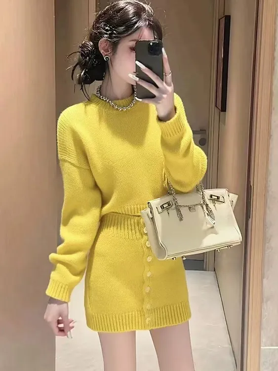 Z302法式黄色针织套装女2025秋冬超火穿搭一整套上衣半身裙两件套