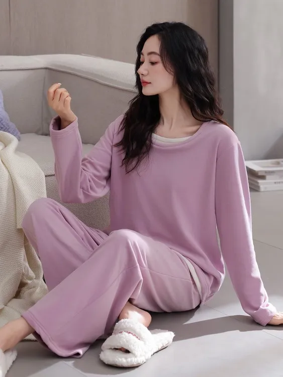 睡衣女秋冬款冬季假两件海岛绒家居服紫色高级感法兰绒套装珊瑚绒