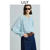 LILY2025秋含绵羊毛微光菱格蓝色套头衫女125309C8922