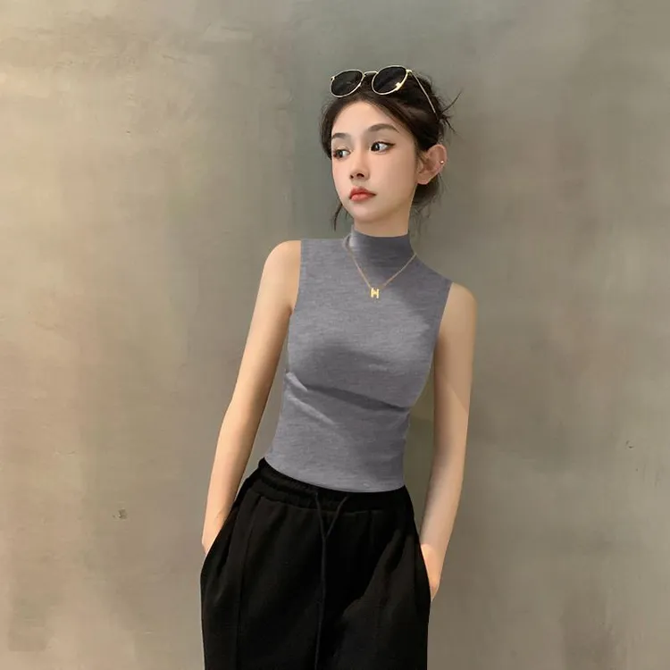 VOCKOO2025新款夏季暗灰色半高领无袖背心女内搭外穿高级感紧身针
