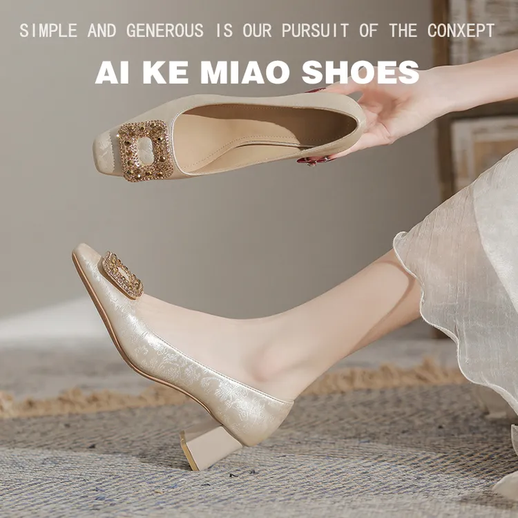 【艾可妙品牌原创】新中式国风粗跟单鞋女方扣水钻低跟法式高跟鞋女