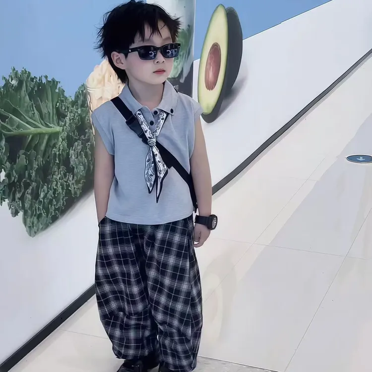 新款夏季男女童套装老钱风儿童翻领无袖背心休闲超薄防蚊裤两件套