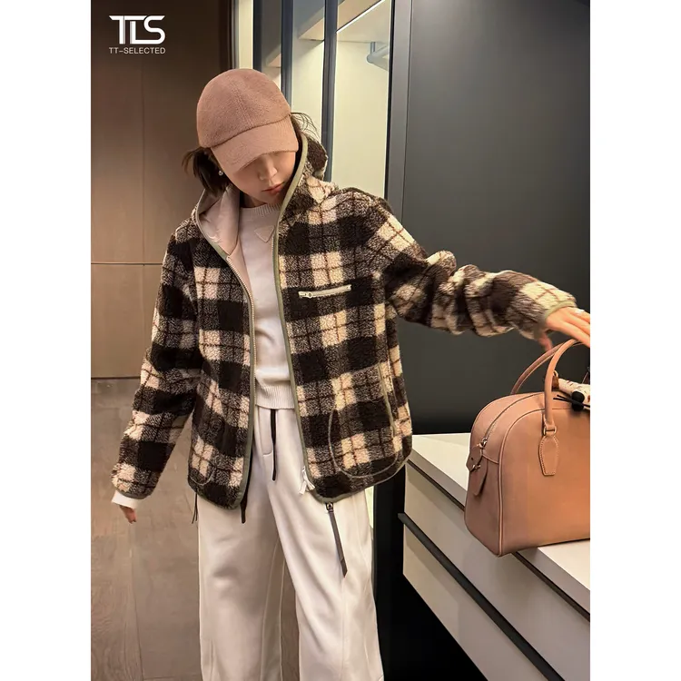 TT【宝格绿】100%棉颗粒绒格纹宽松显瘦保暖加厚复古外套WT5084