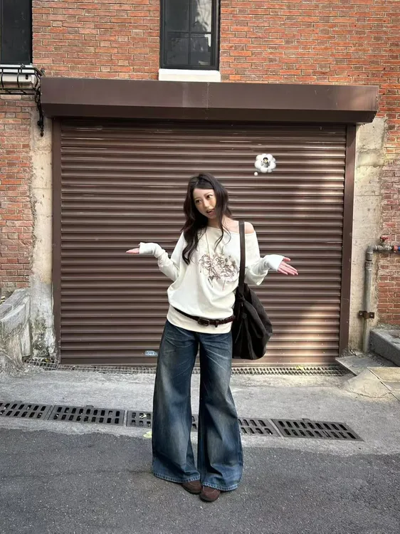 2025春季新款美式辣烫钻宽松白色毛衣露肩上衣复古高腰阔腿裤套装