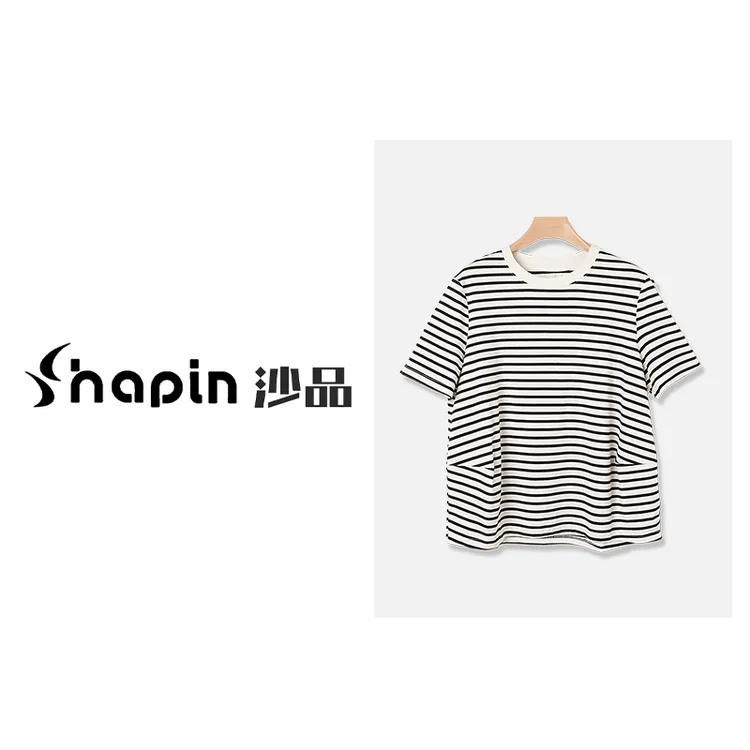 经典撞色条纹百搭圆领T恤立体剪裁显瘦夏舒适短袖女ZD551008