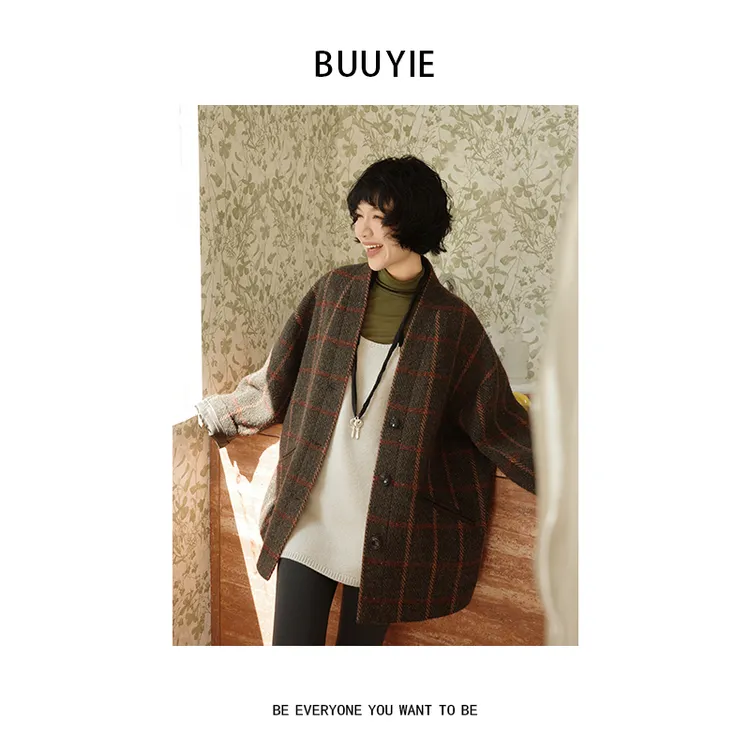 BUUYIE 25SS【苇帛】秋季复古格纹保暖休闲羊毛外套 250935