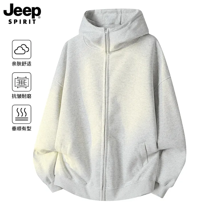 JEEPSPIRIT吉普美式复古重磅男士开衫连帽卫衣潮牌宽松拉链外套男