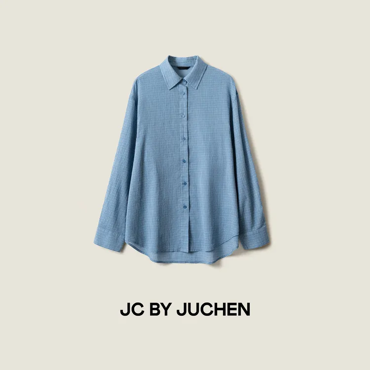 莫奈蓝白格柔和细腻棉质m1u系减龄叠搭宽松格衬衫 SS074996