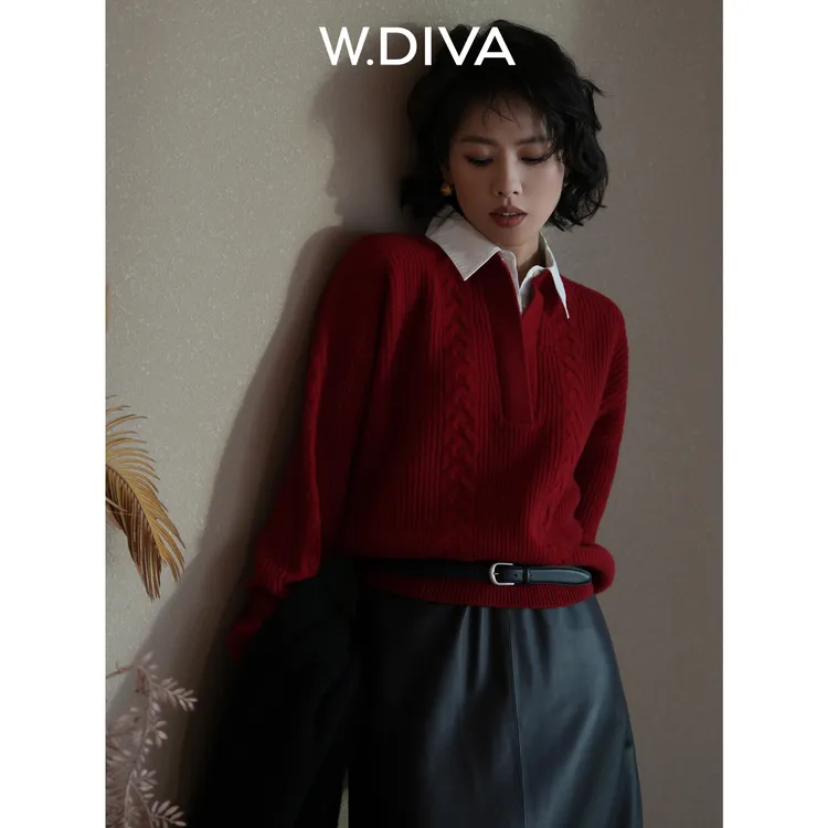 W.Diva【倾心】百搭都市通勤假两件衬衫领V领羊绒羊毛衫54Z113368