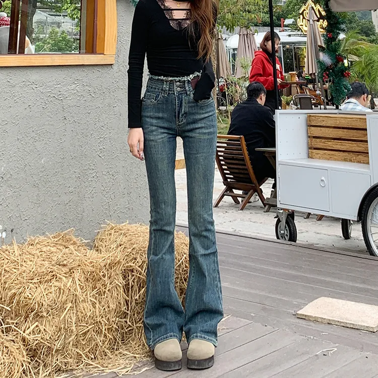 毛边微喇叭牛仔裤女长裤秋冬新款高腰显瘦复古小个子喇叭裤辣妹