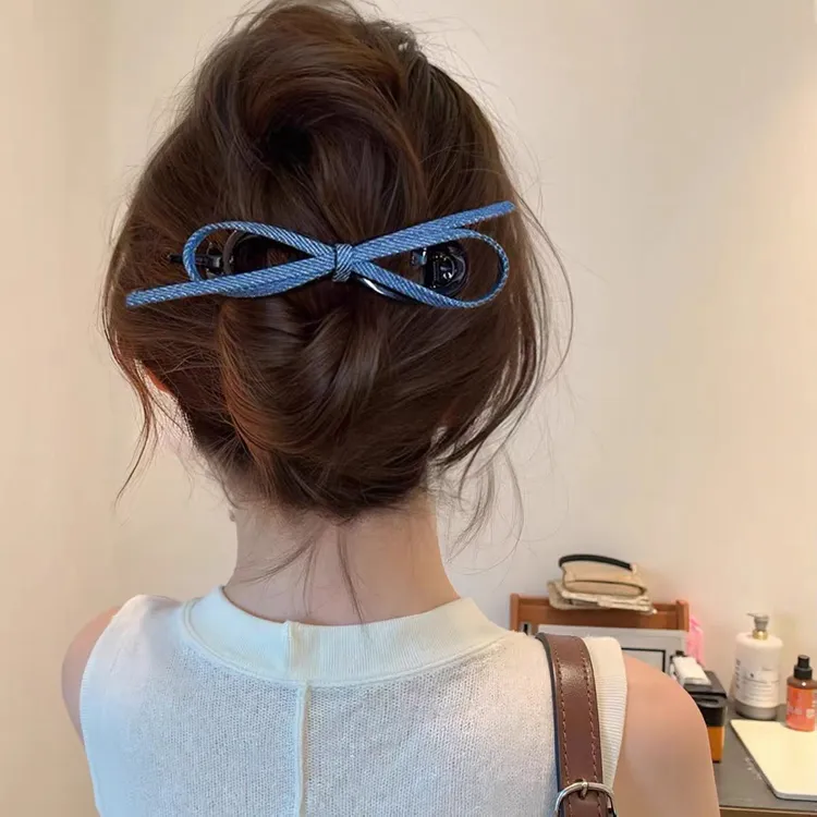 牛仔蝴蝶结扭扭夹发夹头饰女后脑勺盘发抓夹鲨鱼夹安全替代品发卡