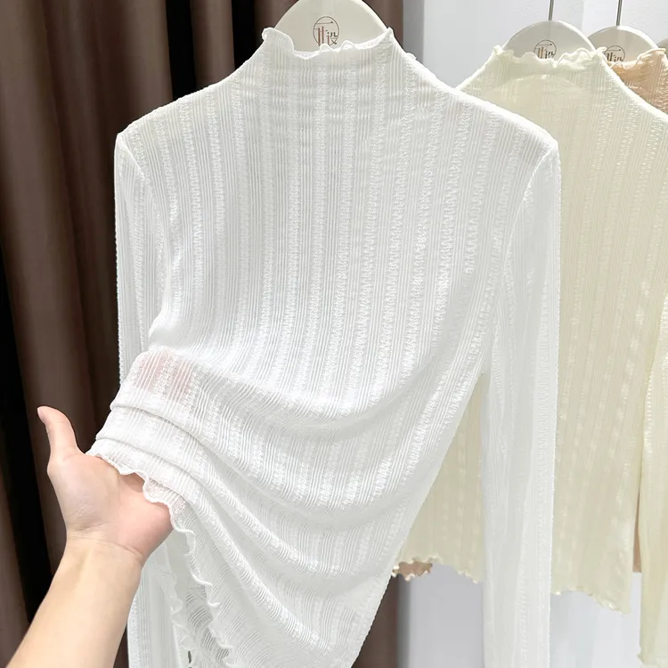 淑女风提花蕾丝木耳花边半高领打底衫女秋冬毛衣叠穿内搭网纱上衣