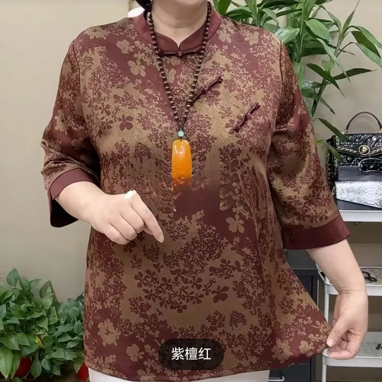 夏季改良版旗袍领八分袖中老年妈妈遮肉显瘦中长款上衣
