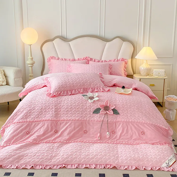 宝宝绒」被套四件套夹棉加厚双面绒床盖款四件套公主风绣花复古风