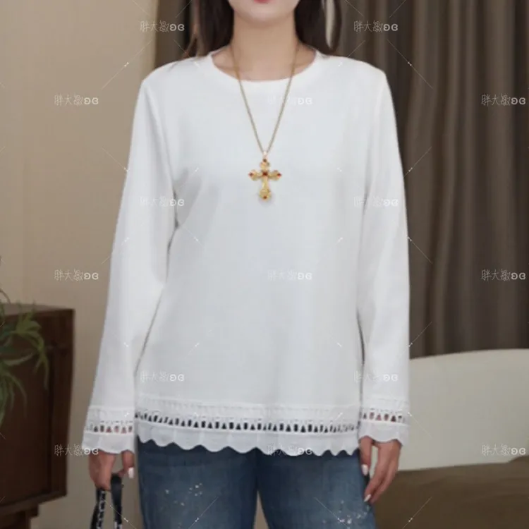 【现货上衣】PDM22600秋款气质显瘦蕾丝花边镂空大码女装上
