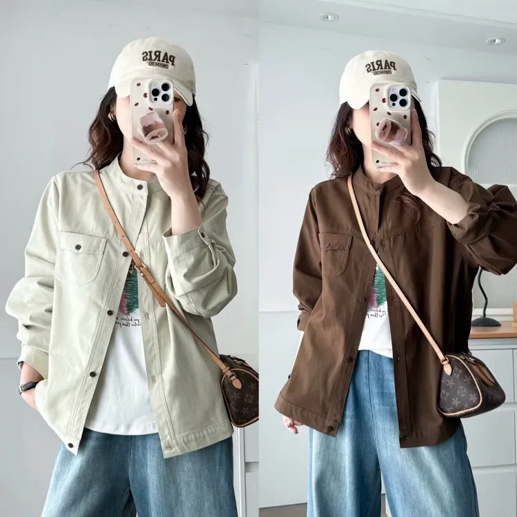 大码秋季女立领常规袖休闲韩版慵懒风国风短外套2173