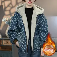 2625-1 蓝色提花连帽加绒牛仔棉衣加厚冬季新款棉服外套宽松上衣