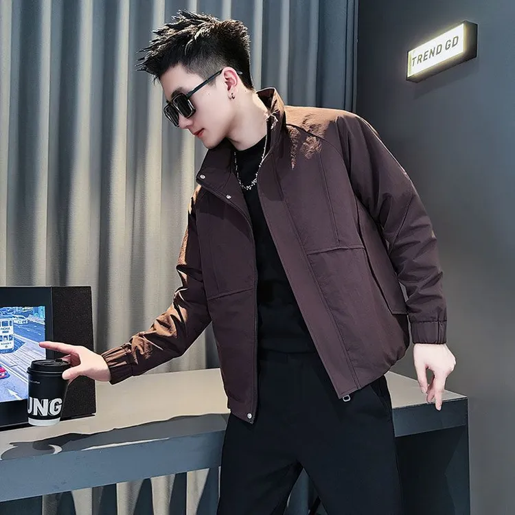 紫色二棉夹棉夹克男士秋冬款潮牌痞帅立领外套男生加厚休闲上衣服