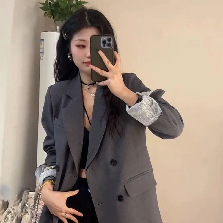 气质蕾丝袖口拼接西装外套女显瘦百搭秋季胖妹妹大码休闲西服