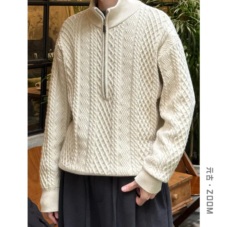 元古 定织麻花纹肌理半深领针织衫毛衣冬慵懒老钱风上衣男女009-1